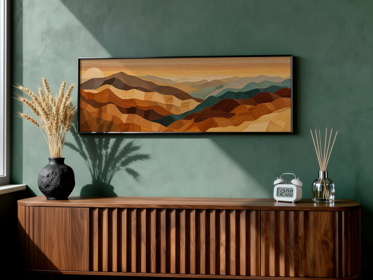 Wood Mosaic Desert Mountain Landscape Panoramic Canvas Print, Earthy Terracotta Teal Geometric Desert Wall Art, Over Bed Room Decor