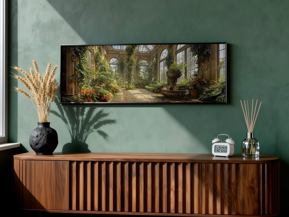 Victorian Conservatory Garden Panoramic Canvas Print, Sunlit Greenhouse Wall Art