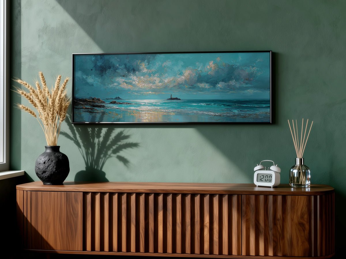 Dramatic Teal Seascape Lighthouse Panoramic Canvas Print, Stormy Ocean Sky Wall Art, Moody Ocean Horizon Art Decor