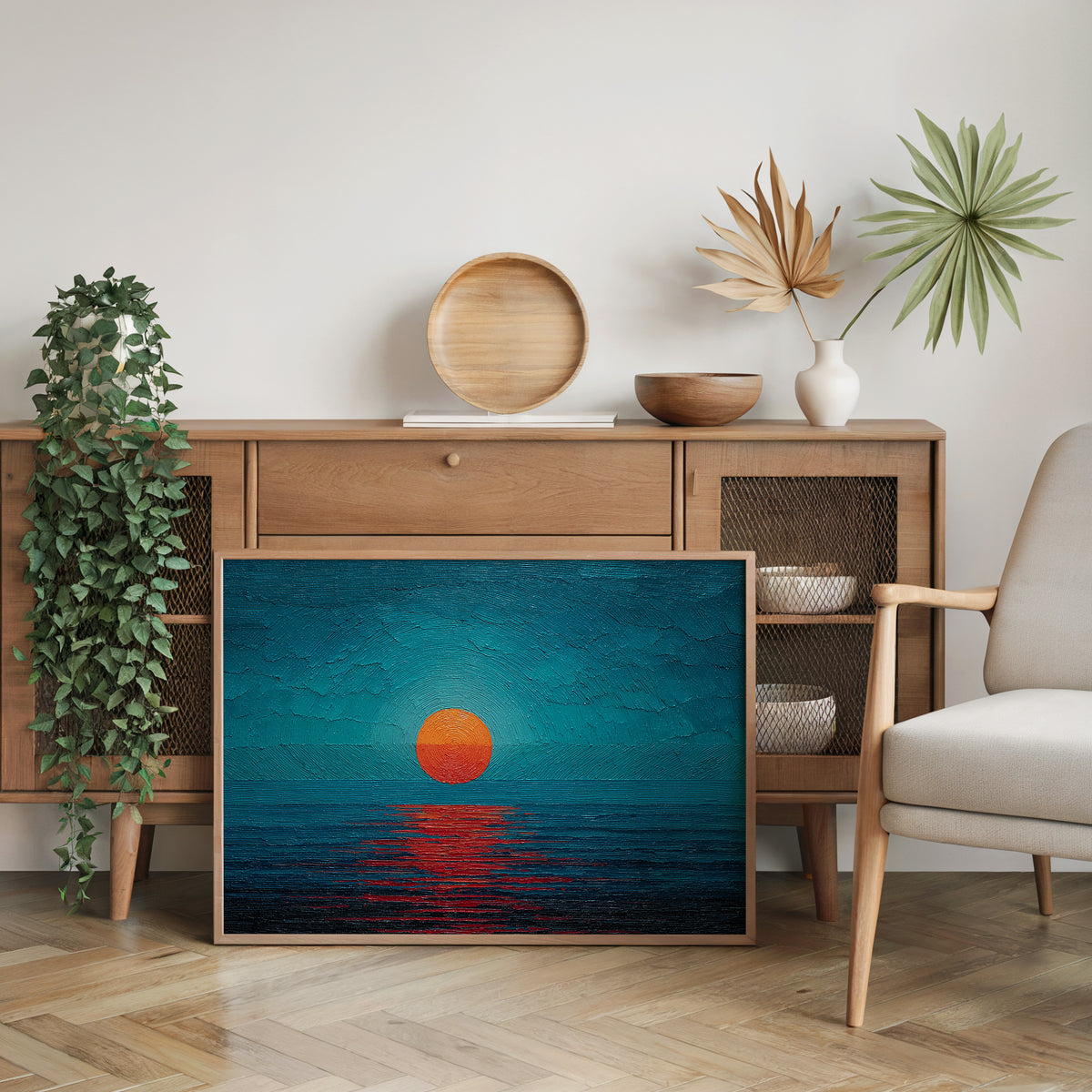 Minimalist Teal Orange Sun Seascape Canvas Print, Abstract Impasto Ocean Sunset Wall Art, Entryway Wall Decor