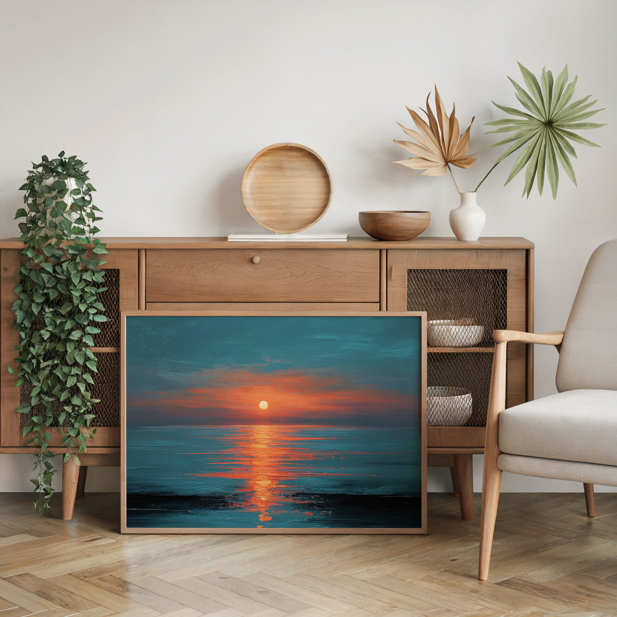 Dramatic Ocean Sunset Teal Orange Canvas Print, Glowing Sun Reflection Seascape Wall Art, Oil Painting Style, Extra Large Home Office Decor