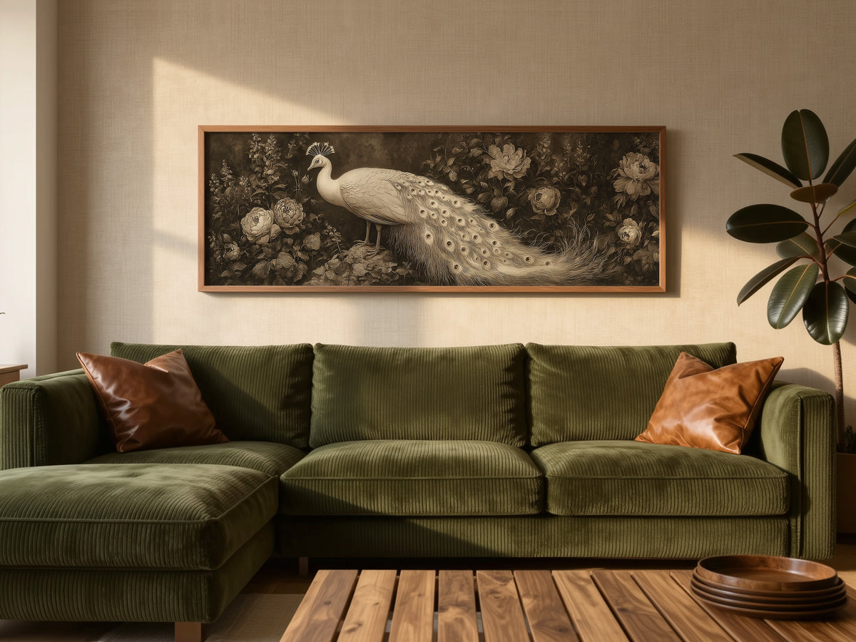 White Peacock Botanical Panoramic Canvas Print, Vintage Sepia Floral Bird Wall Art