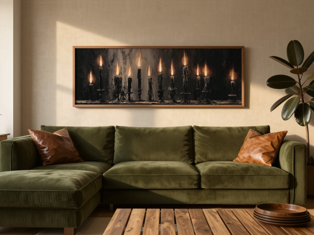 Gothic Dark Academia Moody Flame Panoramic Canvas Print, Burning Black Candles Wall Art
