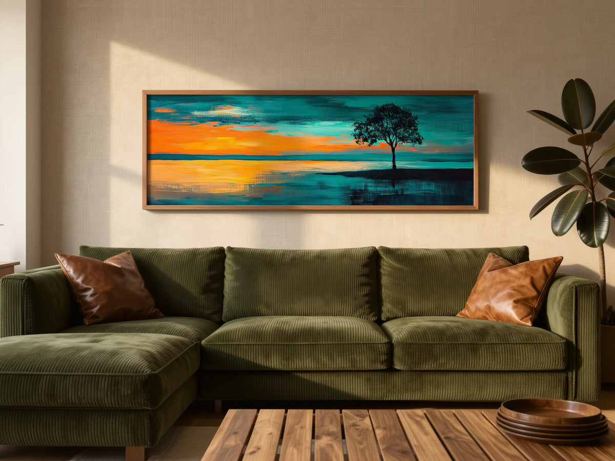 Dramatic Lone Tree Teal Orange Sky Panoramic Canvas Print, Abstract Sunset Landscape Wall Art, Silhouette Oversized Horizon Art Decor