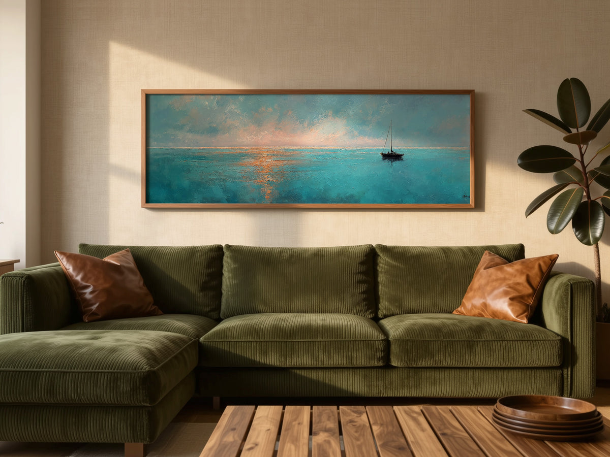 Minimalist Sailboat Ocean Sunset Panoramic Canvas Print, Peaceful Nautical Teal Seascape Wall Art, Coastal Modern Living Room Decor
