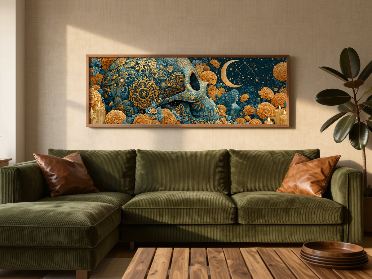 Sugar Skull Gold Teal Marigold Panoramic Canvas Print, Day of the Dead Celestial Wall Art, Horizontal Gothic Wall Decor