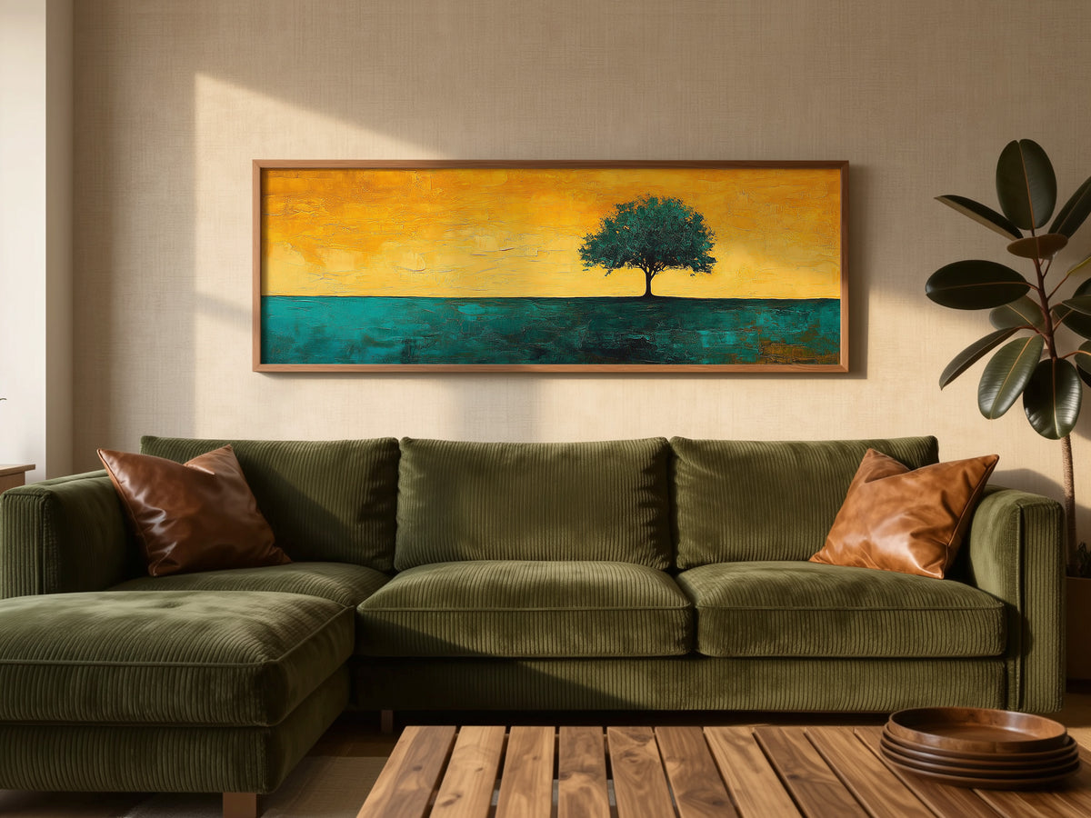 Minimalist Lone Tree Abstract Landscape Panoramic Canvas Print, Teal Yellow Gold Modern Nature Home Wall Art, Contemporary Decor