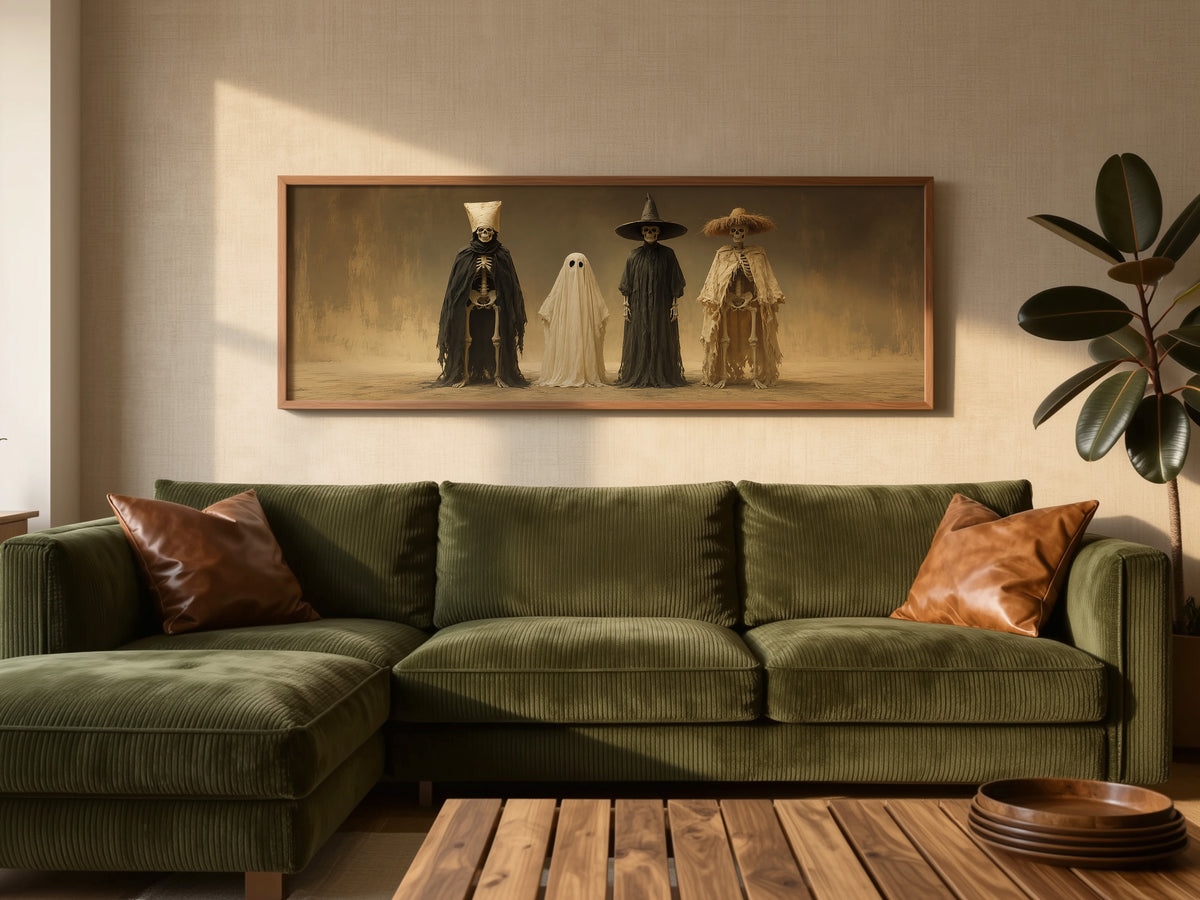 Spooky Halloween Costume Crew Panoramic Canvas Print, Skeleton Ghost Crew Wall Art