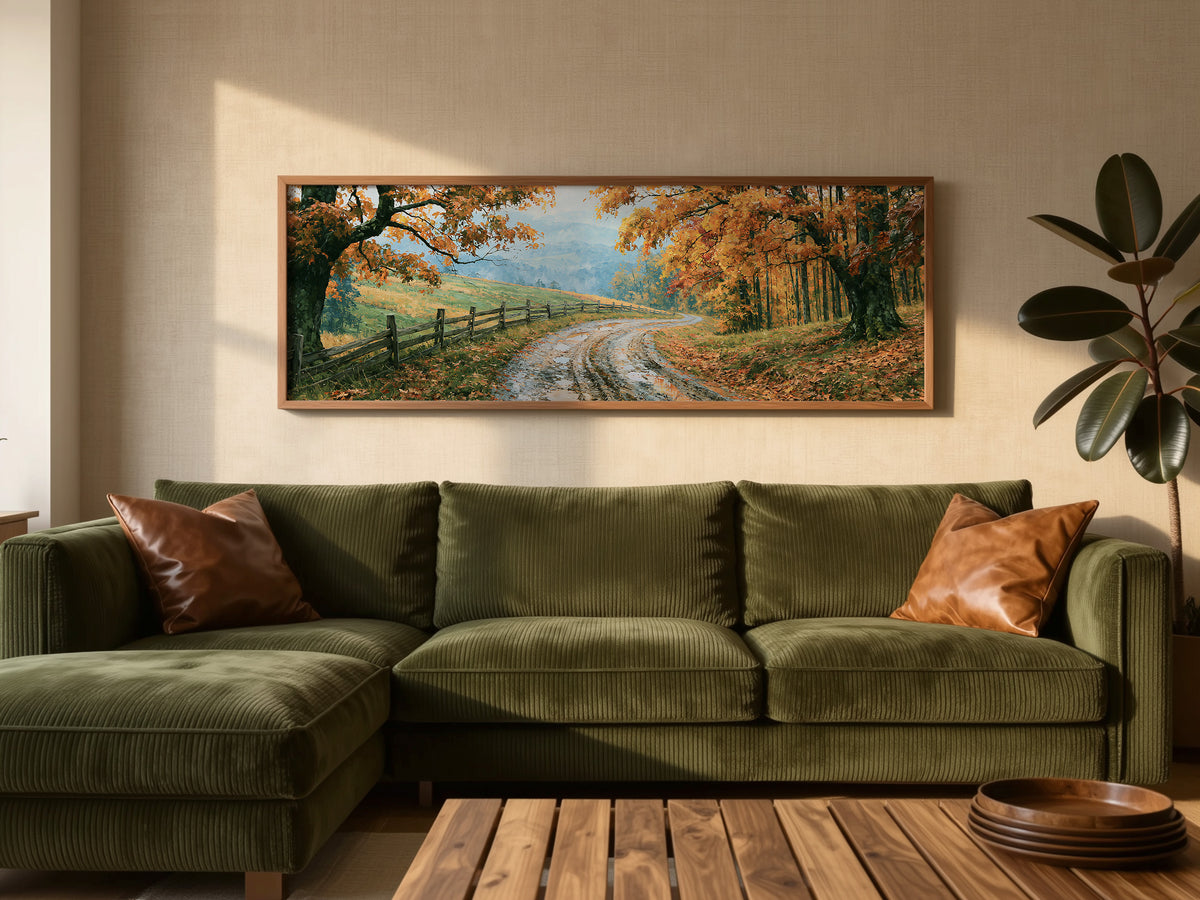 Autumn Country Road Fence Panoramic Canvas Print, Fall Orange Foliage Landscape Wall Art, Large Horizontal Over Bed Art