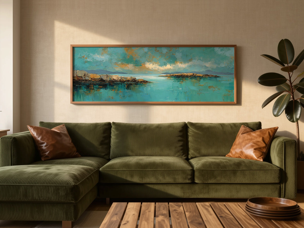 Abstract Coastal Teal Gold Panoramic Canvas Print, Impasto Ocean Sky Seascape Wall Art, Oversized Horizontal Decor