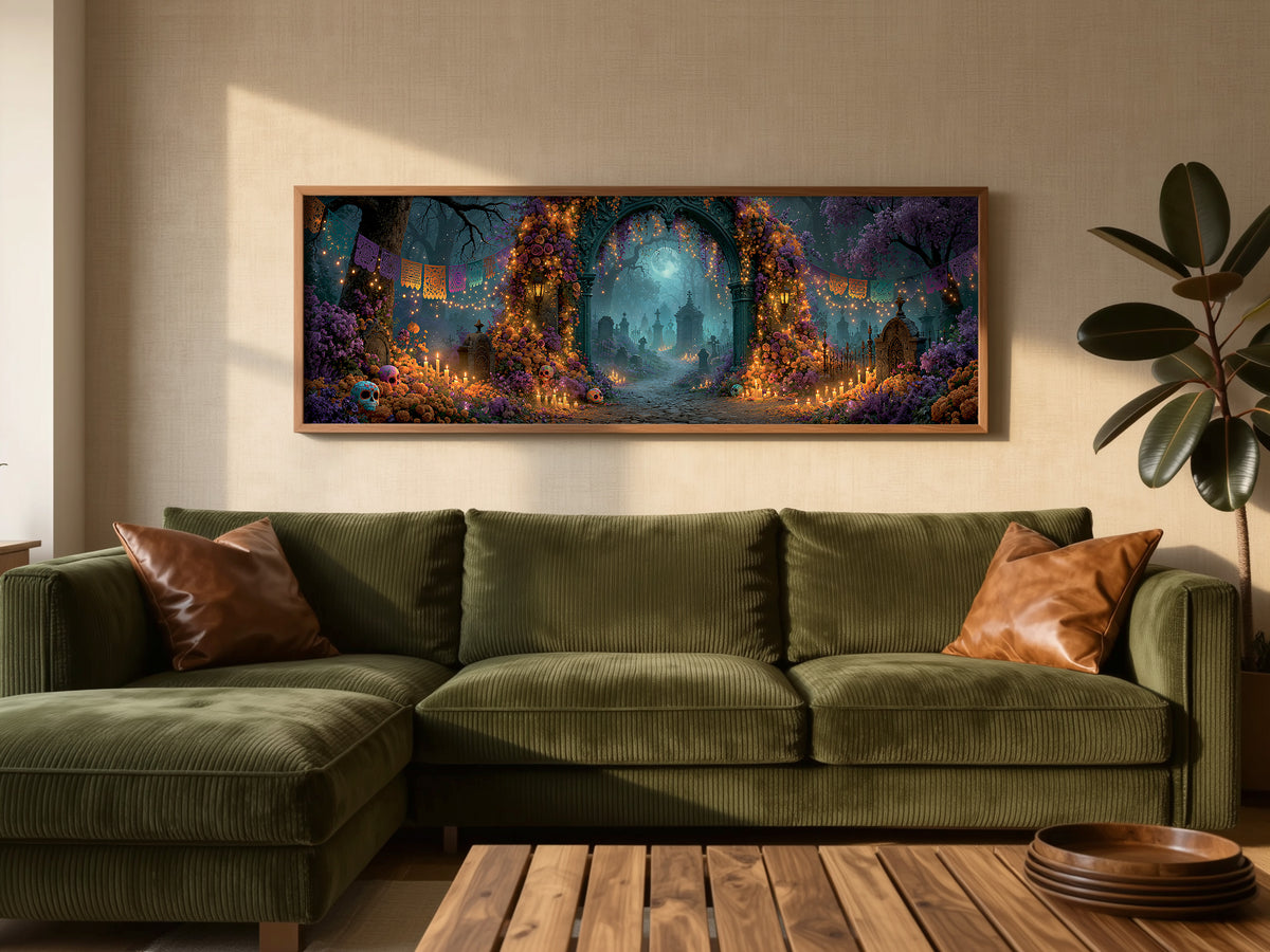 Dia de Muertos Cemetery Arch Marigold Panoramic Canvas Print, Day of the Dead Purple Moon Wall Art, Celestial Moonlit Graveyard Decor