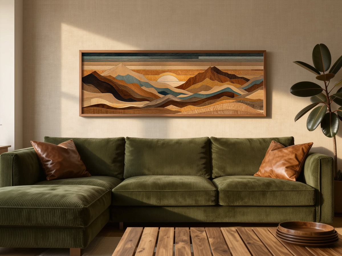 Wood Inlay Mountain Landscape Panoramic Canvas Print, Earthy Brown Blue Geometric Wall Art, Rustic Cabin Decor