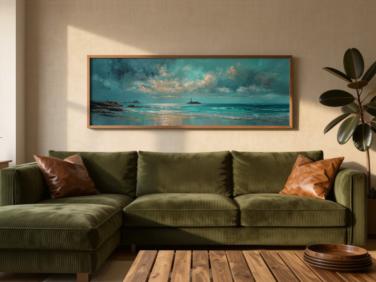 Dramatic Teal Seascape Lighthouse Panoramic Canvas Print, Stormy Ocean Sky Wall Art, Moody Ocean Horizon Art Decor
