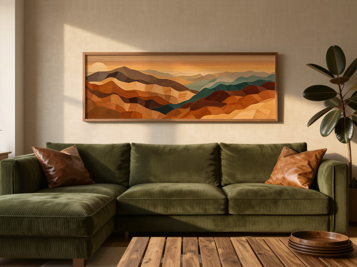 Wood Mosaic Desert Mountain Landscape Panoramic Canvas Print, Earthy Terracotta Teal Geometric Desert Wall Art, Over Bed Room Decor
