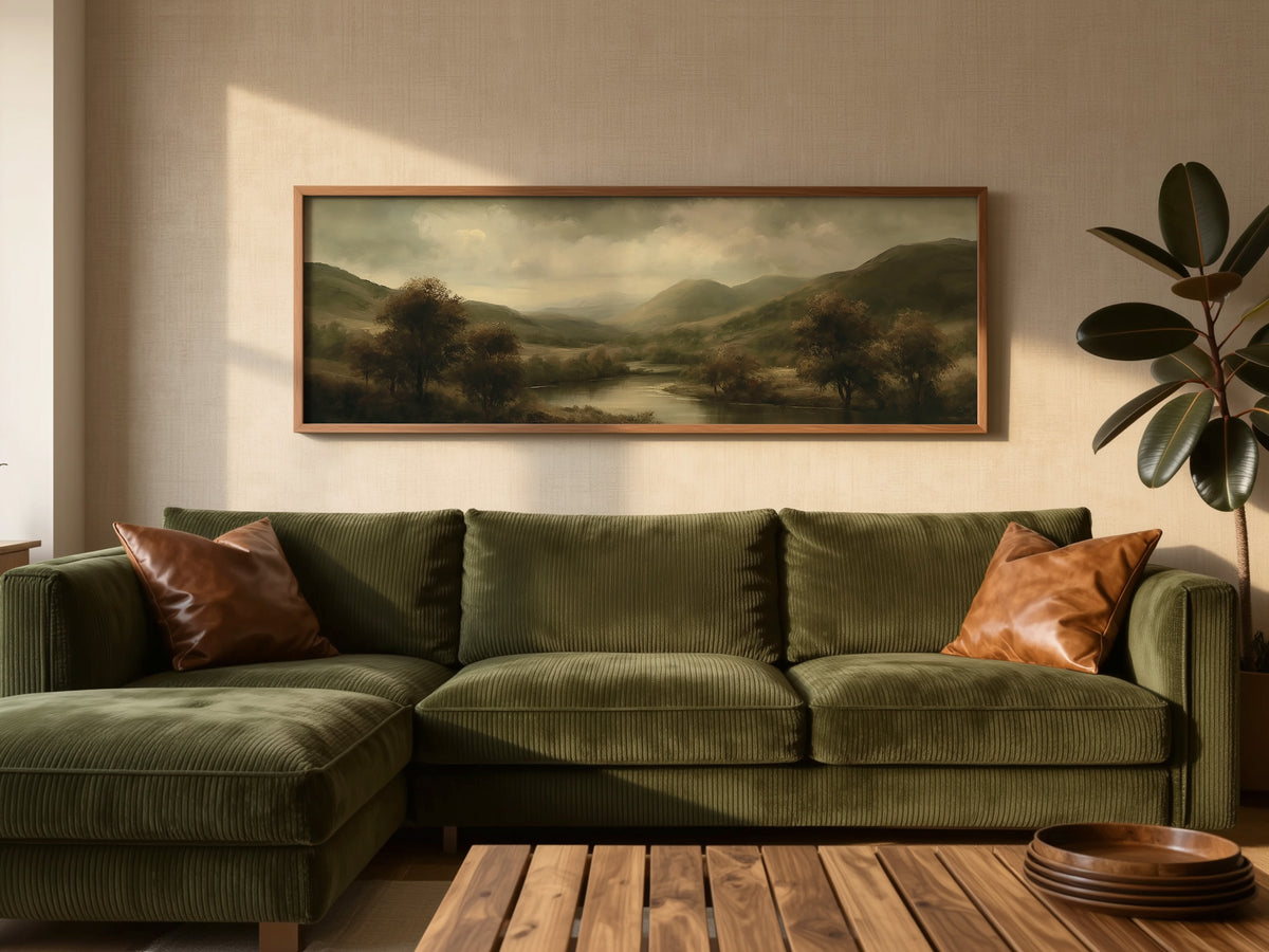Moody Dark Green Valley Landscape Panoramic Canvas Print, Olive Rolling Hills Wall Art