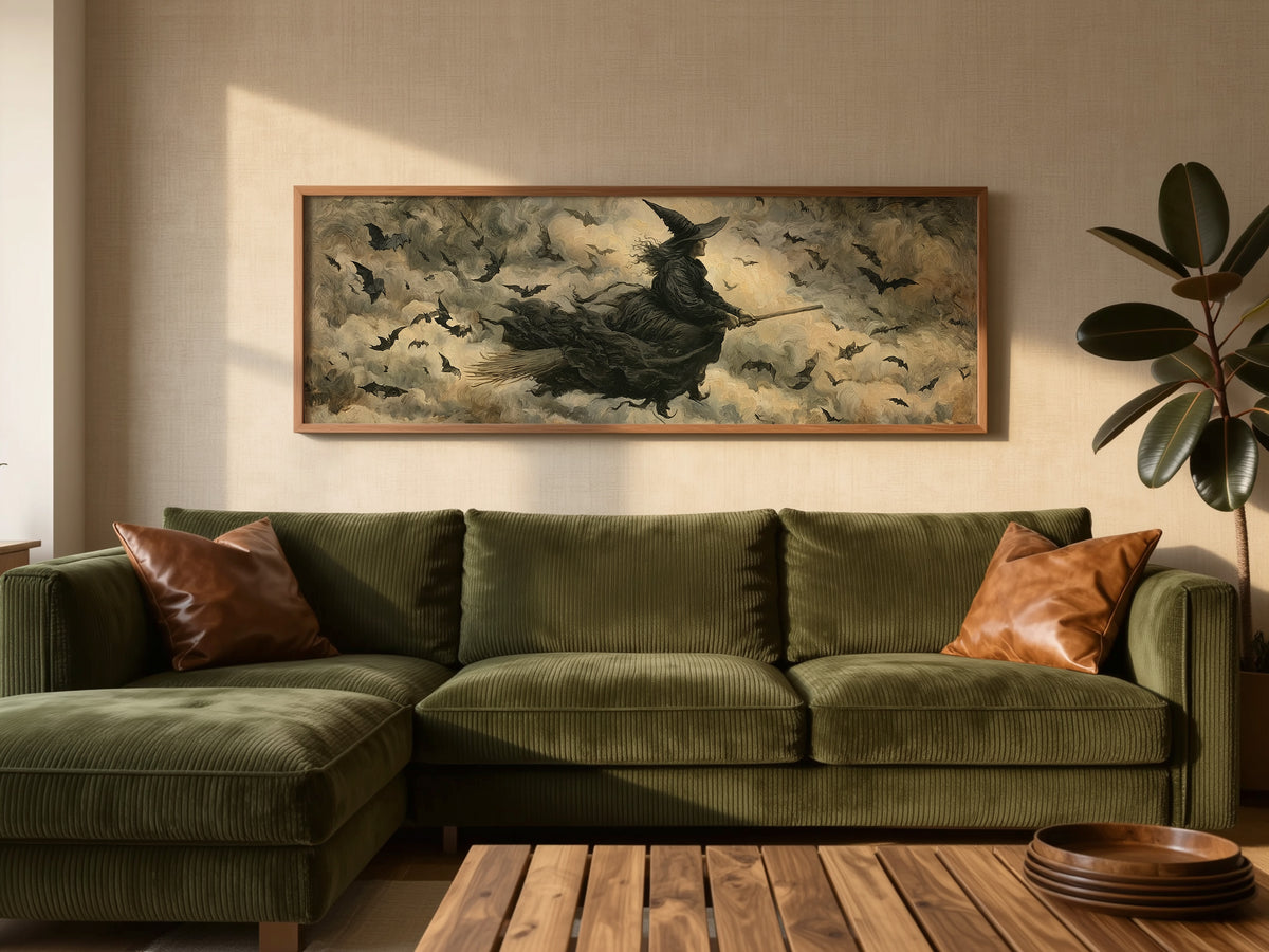 Flying Witch Broomstick Panoramic Canvas Print, Dark Bats Night Sky Wall Art