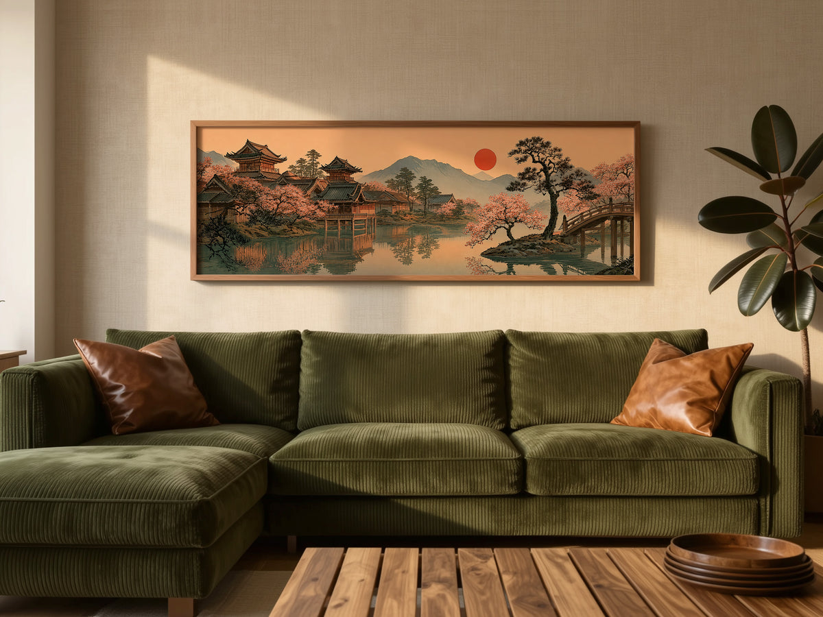 Japanese Garden Temple Panoramic Canvas Print, Cherry Blossom Red Sun Wall Art