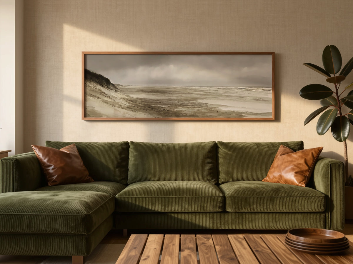 Moody Coastal Beach Panoramic Canvas Print, Gray Stormy Seascape Wall Art