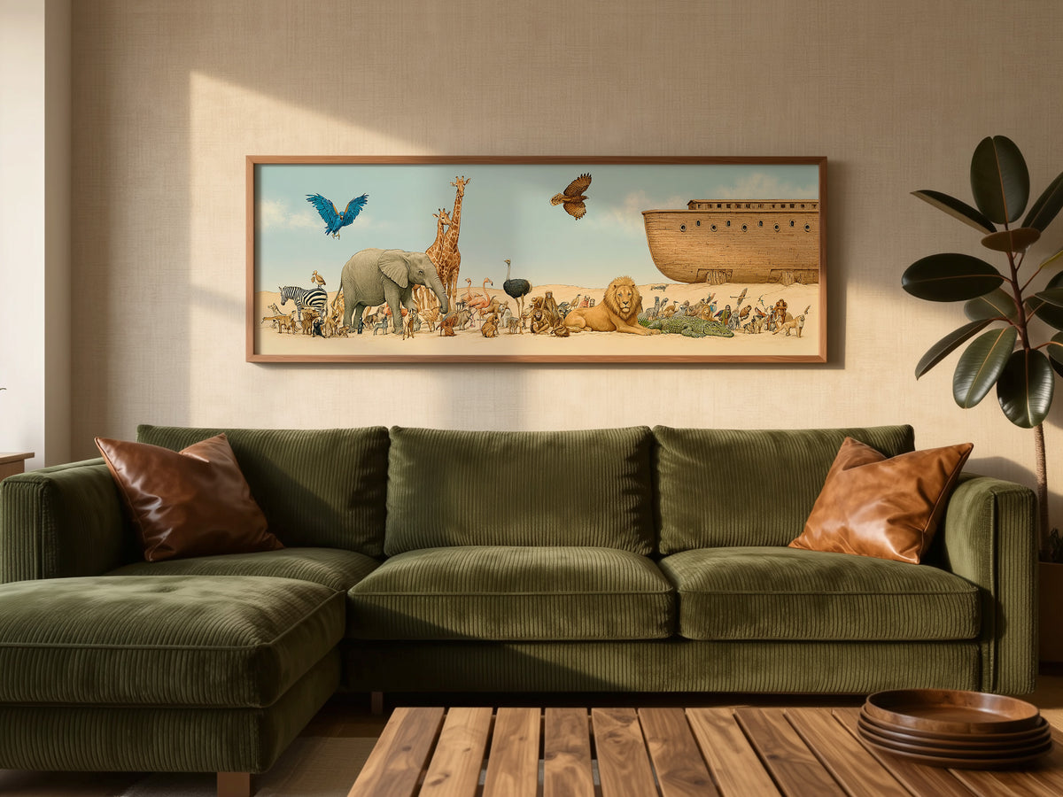 Whimsical Noah's Ark Wildlife Panoramic Canvas Print, Biblical Wildlife Wall Art, Extra Large Kids Nursery Decor