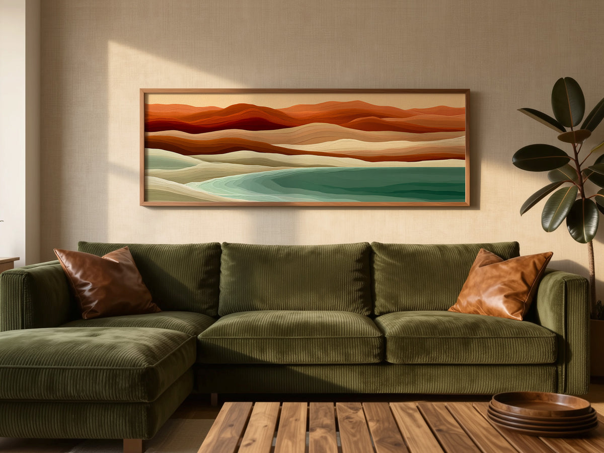 Terracotta Teal Abstract Landscape Panoramic Canvas Print, Earthy Wave Wall Art, Mid Century Minimalist Decor
