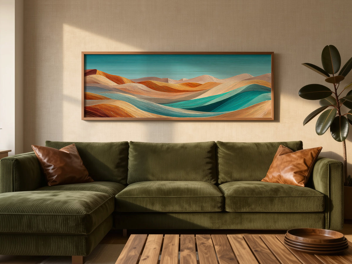 Abstract Desert Dunes Teal Orange Panoramic Canvas Print, Wavy Desert Landscape Wall Art, Boho Mid Century Living Room Decor