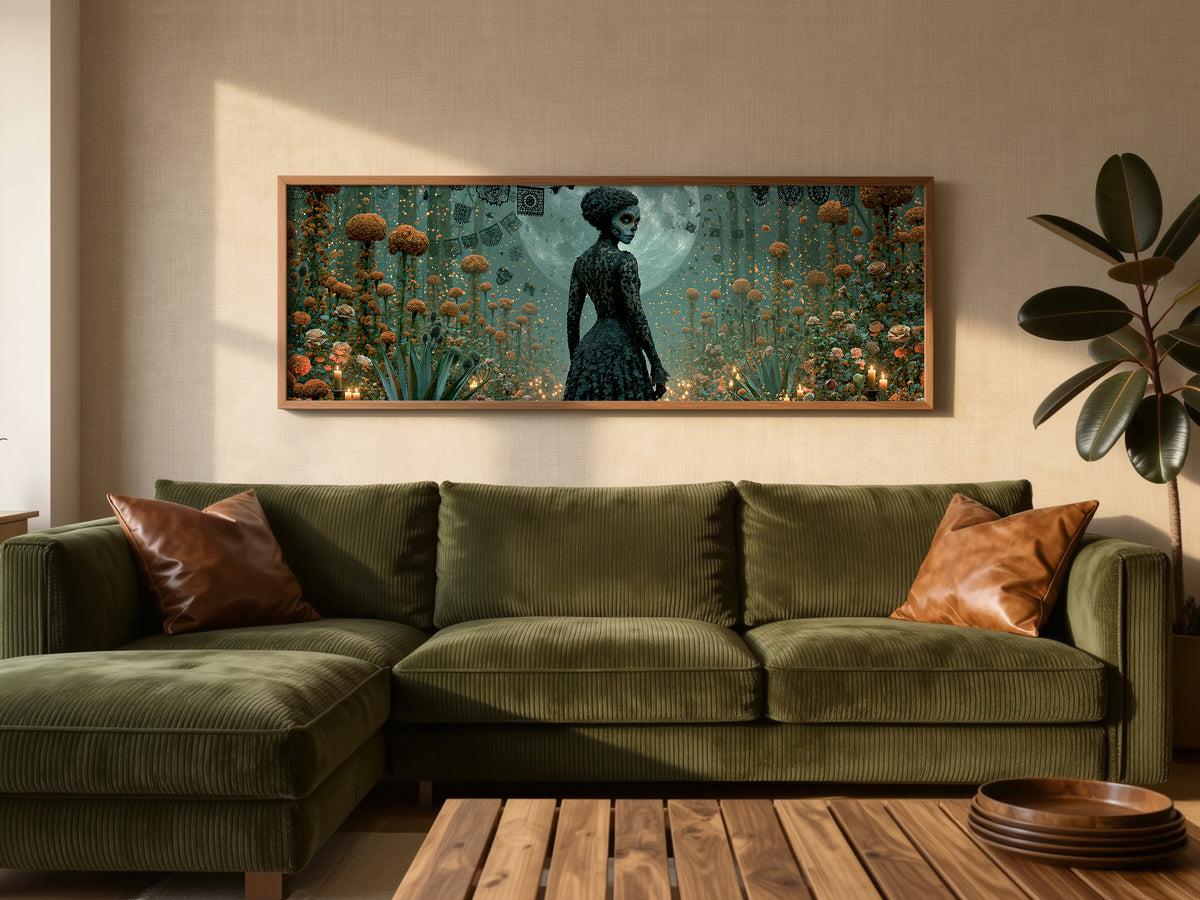 Day of the Dead Woman Moonlight Panoramic Canvas Print, Dia de Muertos Wall Art, Mexican Folk Art Decor
