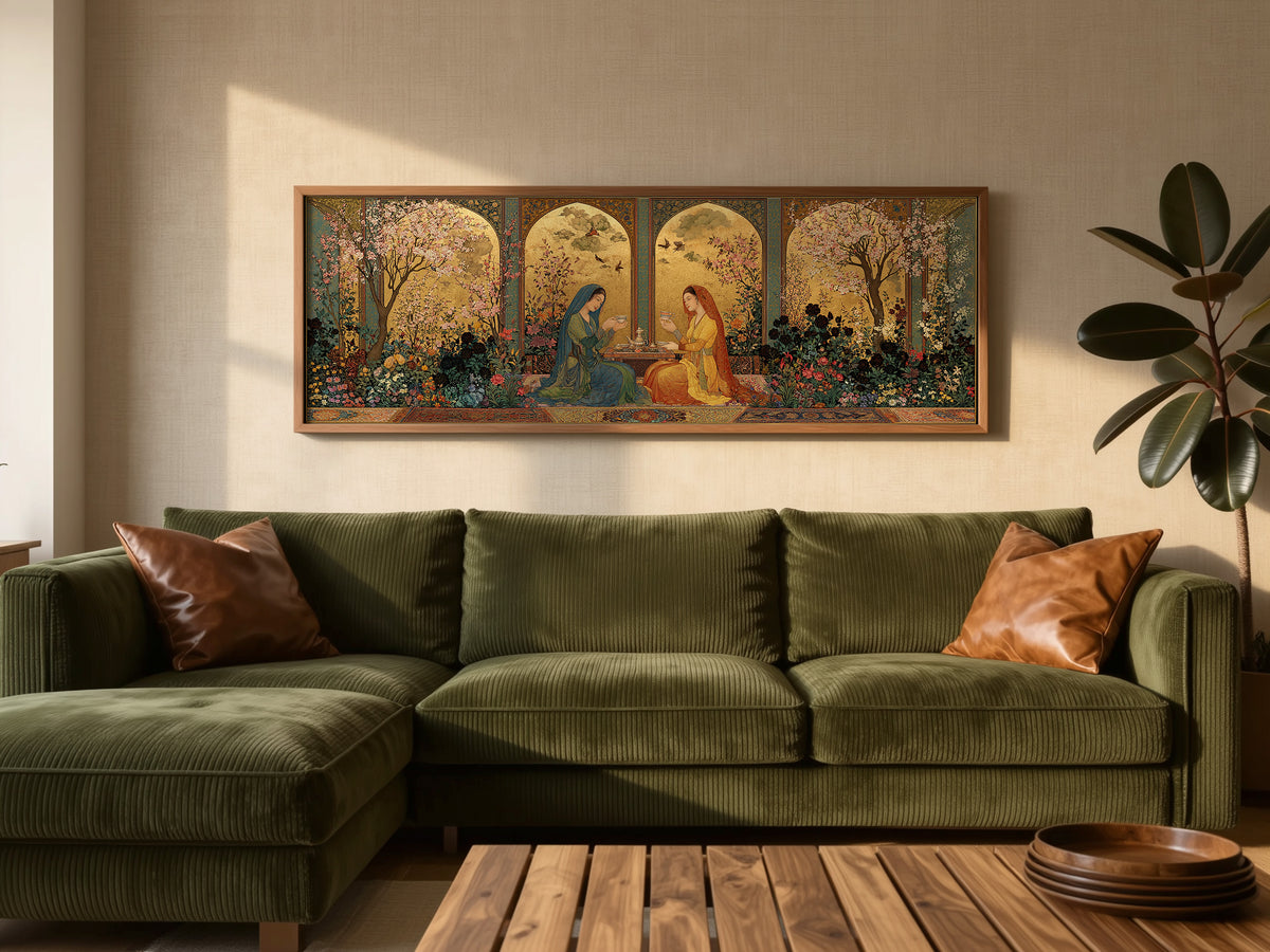 Persian Miniature Garden Panoramic Canvas Print, Islamic Floral Women Wall Art, Exotic Middle Eastern Decor