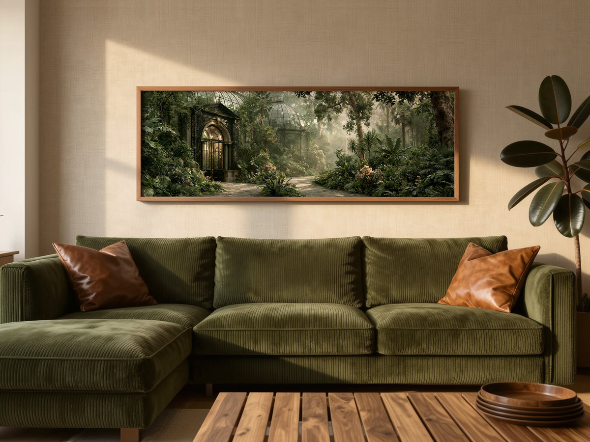 Victorian Greenhouse Botanical Garden Panoramic Canvas Print, Misty Green Glass House Wall Art, Biophilic Living Room Decor