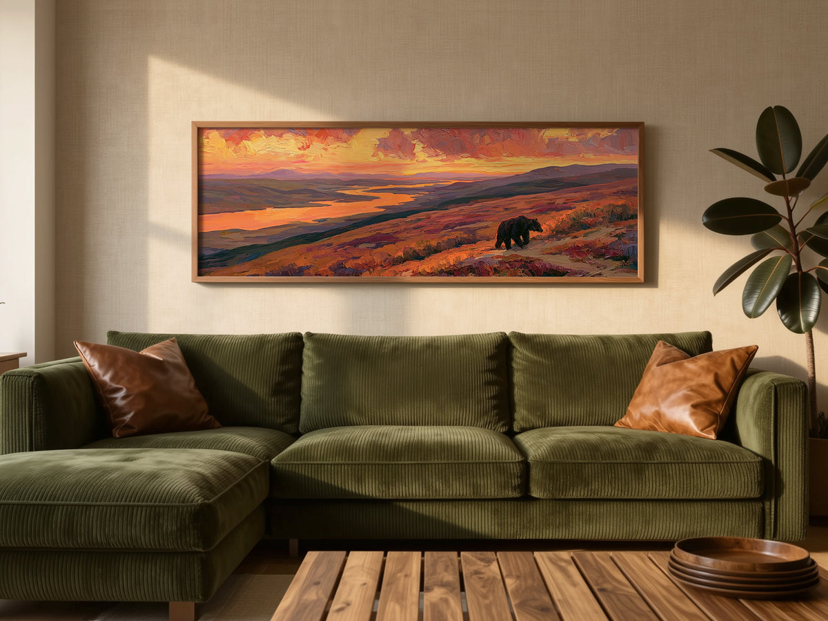 Grizzly Bear Autumn Landscape Panoramic Canvas Print, Orange Sunset Mountain Wall Art, Wildlife Rustic Home Decor
