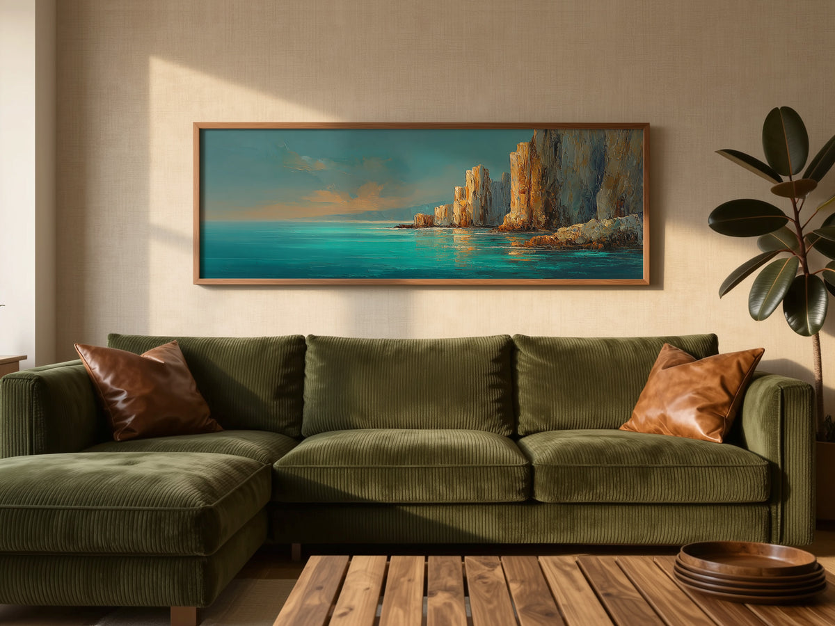 Mediterranean Turquoise Ocean Cliff Panoramic Canvas Print, Teal Gold Coastal Seascape Wall Art, Golden Rock Coastal Decor