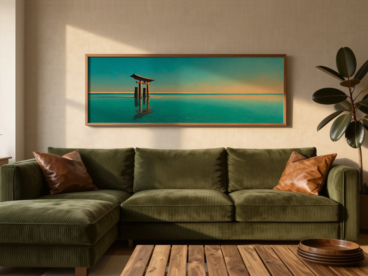 Japanese Torii Gate Ocean Sunset Panoramic Canvas Print, Minimalist Teal Blue Wall Art, Extra Large Zen Living Room Decor