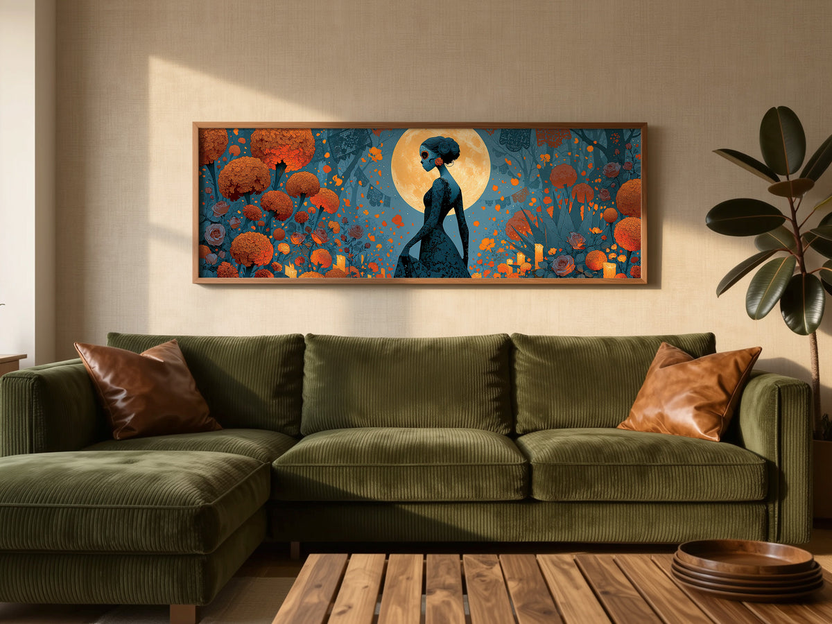 Day of the Dead Woman Marigold Moon Panoramic Canvas Print, Dia de Muertos Teal Wall Art, Moody Halloween Decor