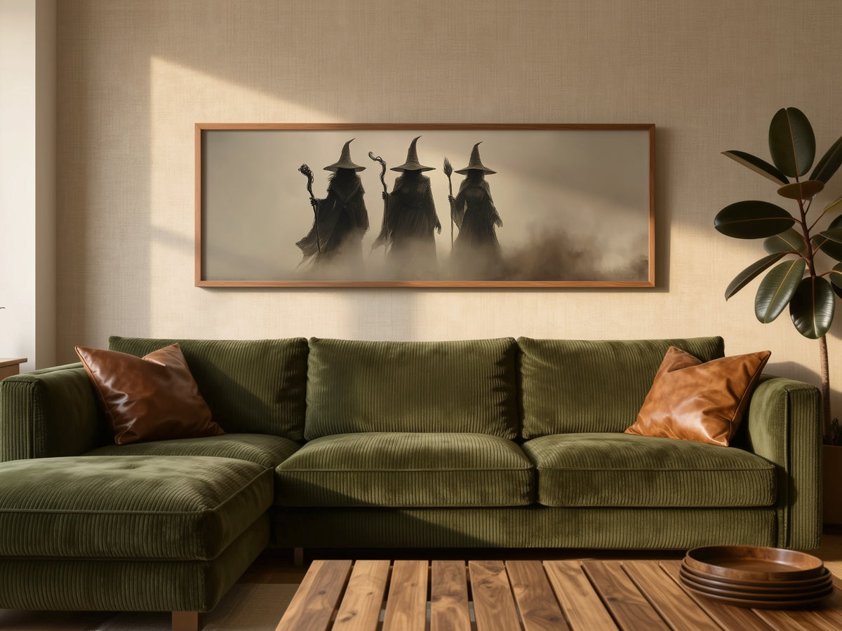 Mystic Witchy Dark Academia Panoramic Canvas Print, Three Coven Fantasy Wall Art