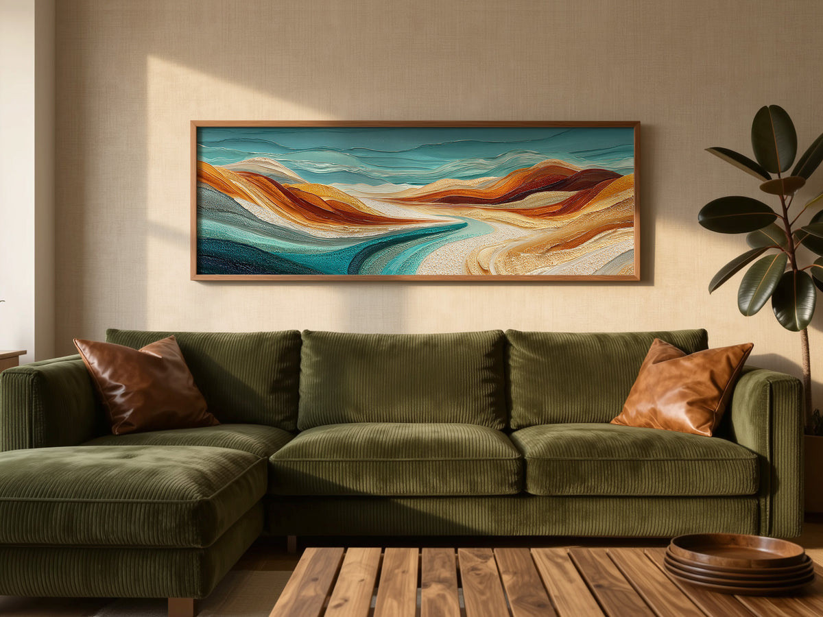 Sculptural Desert Wave Panoramic Canvas Print, Teal Orange Abstract Wall Art, Minimalist Nature Office Art Decor