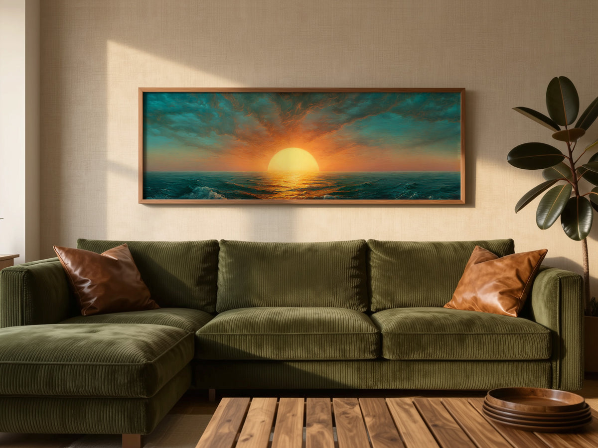 Ocean Sunset Panoramic Canvas Print, Teal Orange Sun Wall Art