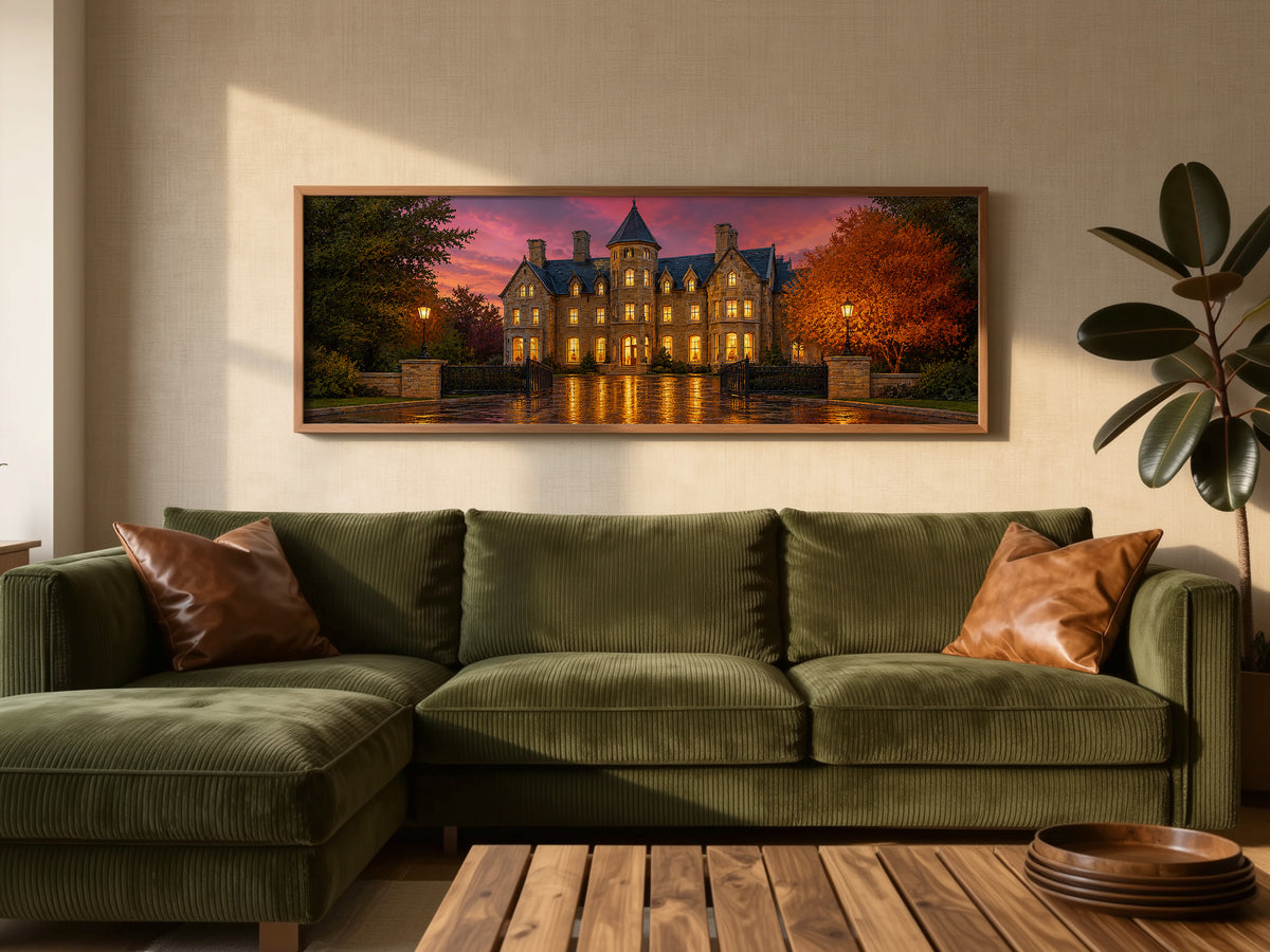 Haunted Mansion Autumn Night Panoramic Canvas Print, Victorian Gothic Castle Wall Art, Dark Academia Moody Pink Sky Decor