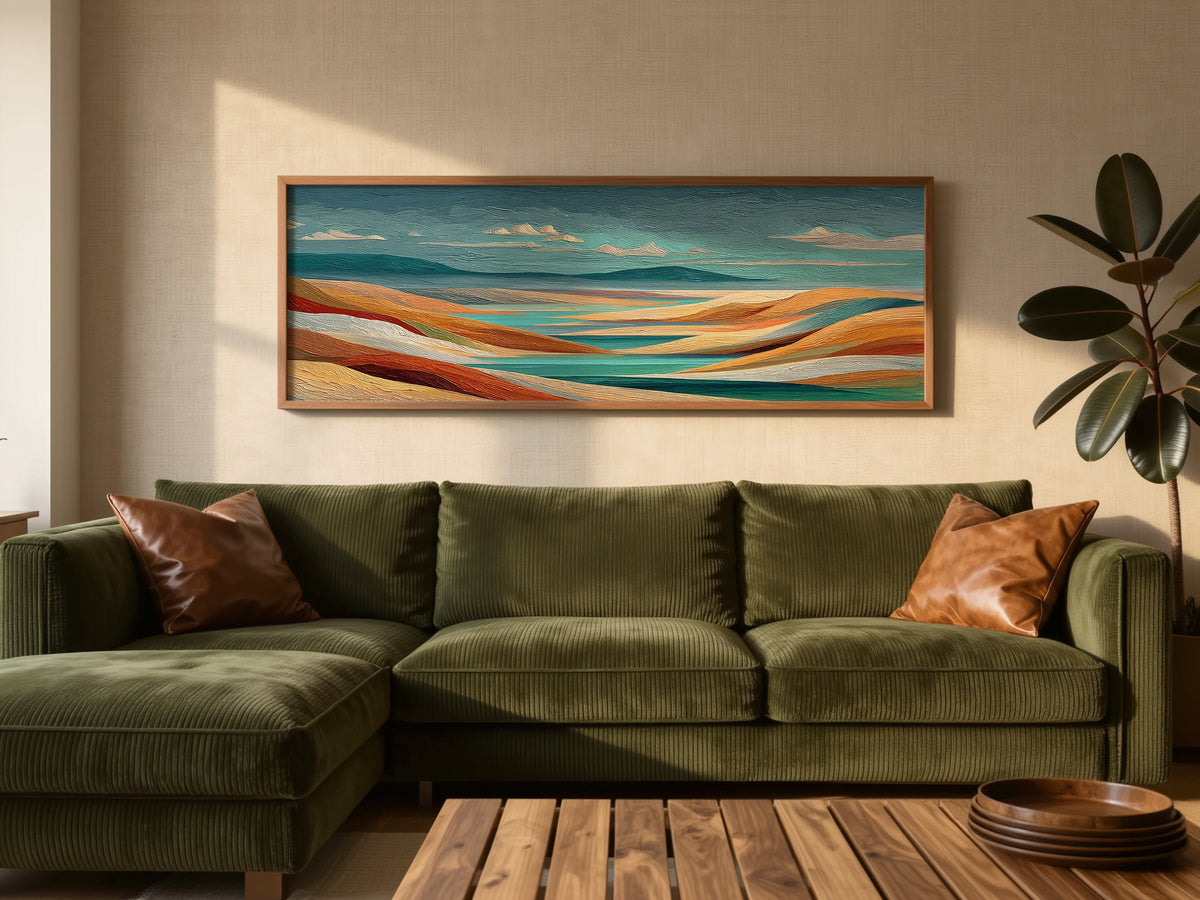 Colorful Abstract Rolling Hills Panoramic Canvas Print, Teal Orange Terracotta Landscape Wall Art, Horizontal Over The Sofa Art