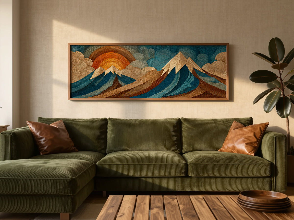 Boho Layered Mountain and Sunrise Panoramic Canvas Print, Wood Engraving Style Teal Orange Wall Art, Modern Above Sofa Art Decor