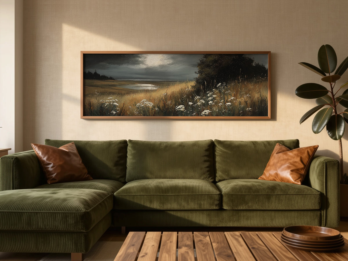 Moonlit Marsh Dark Moody Landscape Panoramic Canvas Print, Wildflower Field at Night Wall Art