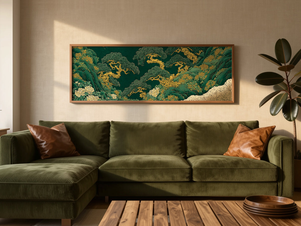 Japanese Pine Tree Panoramic Canvas Print, Emerald Green and Gold Landscape Wall Art