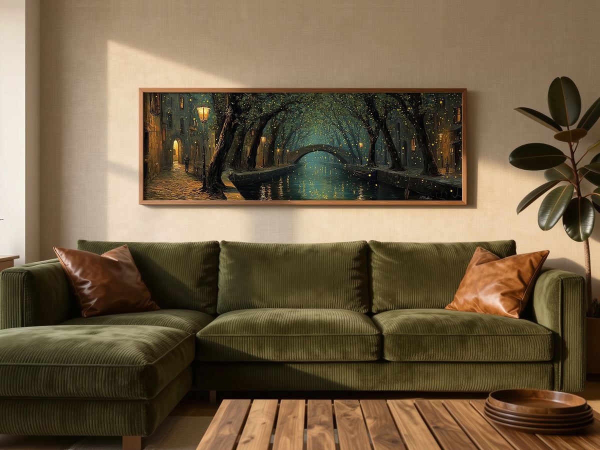Magical Night Canal Bridge Panoramic Canvas Print, Fairy Lights Tree Tunnel Wall Art