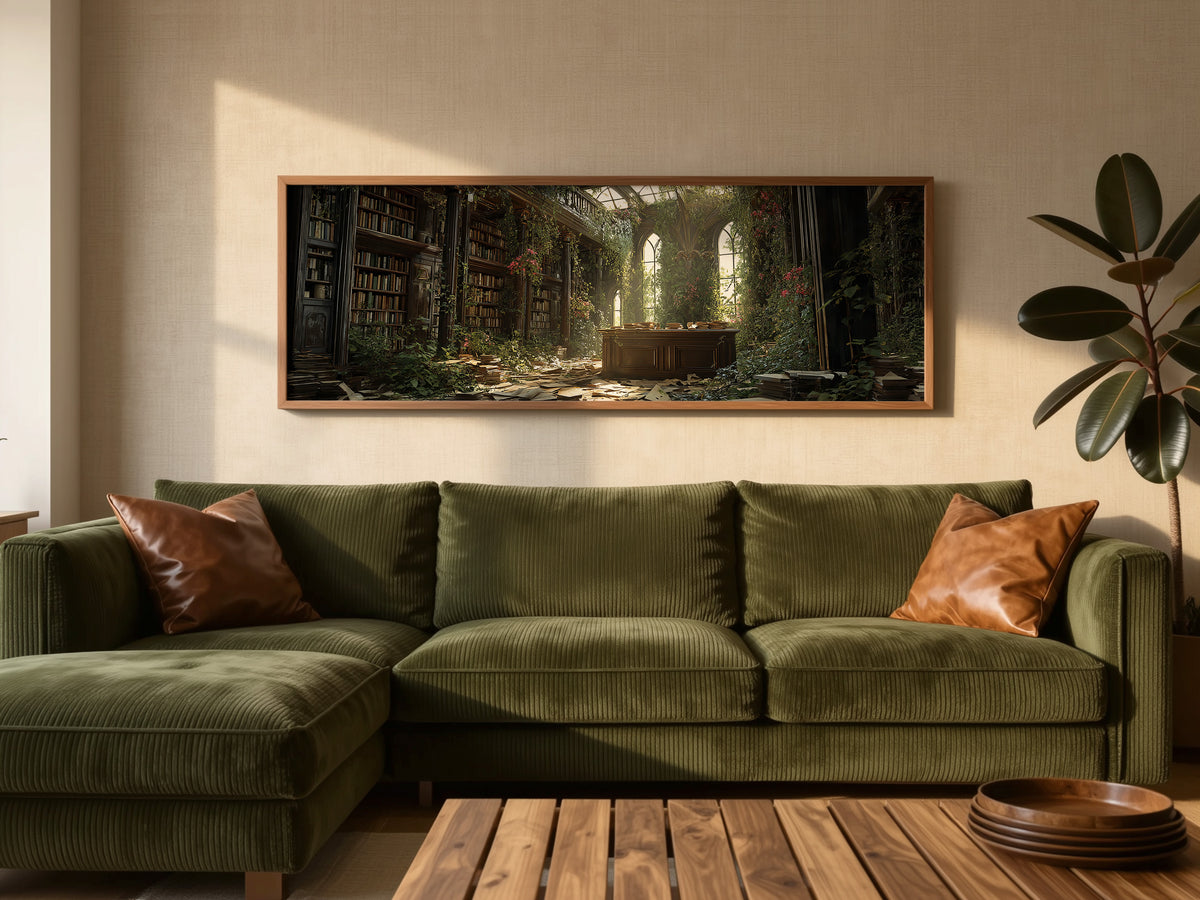 Dark Academia Overgrown Library Panoramic Canvas Print, Enchanted Abandoned Bookshelf Wall Art,