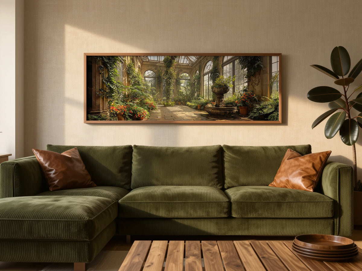 Victorian Conservatory Garden Panoramic Canvas Print, Sunlit Greenhouse Wall Art