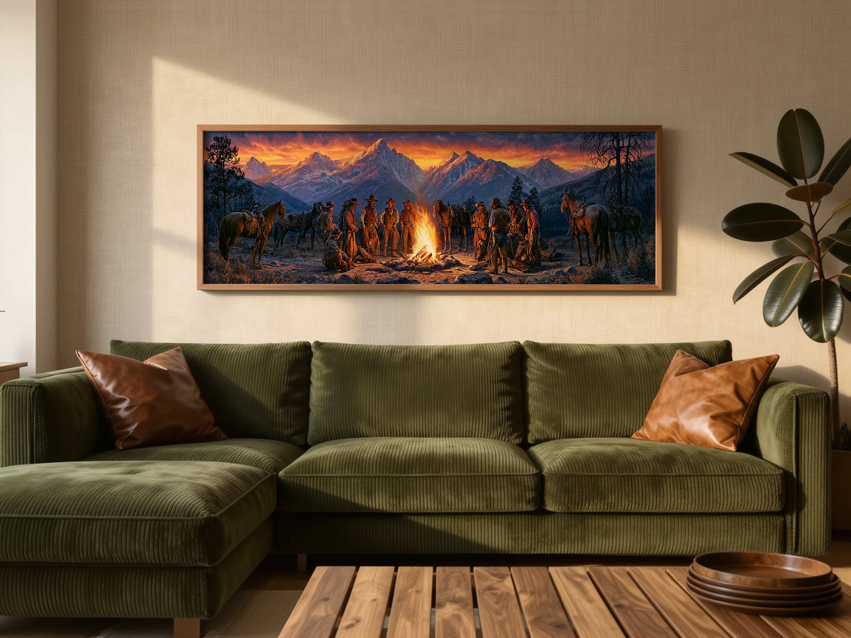 Cowboy Campfire Mountain Sunset Panoramic Canvas Print, Western Cowboys and Horses Wall Art, Extra Large Rustic Lodge Decor