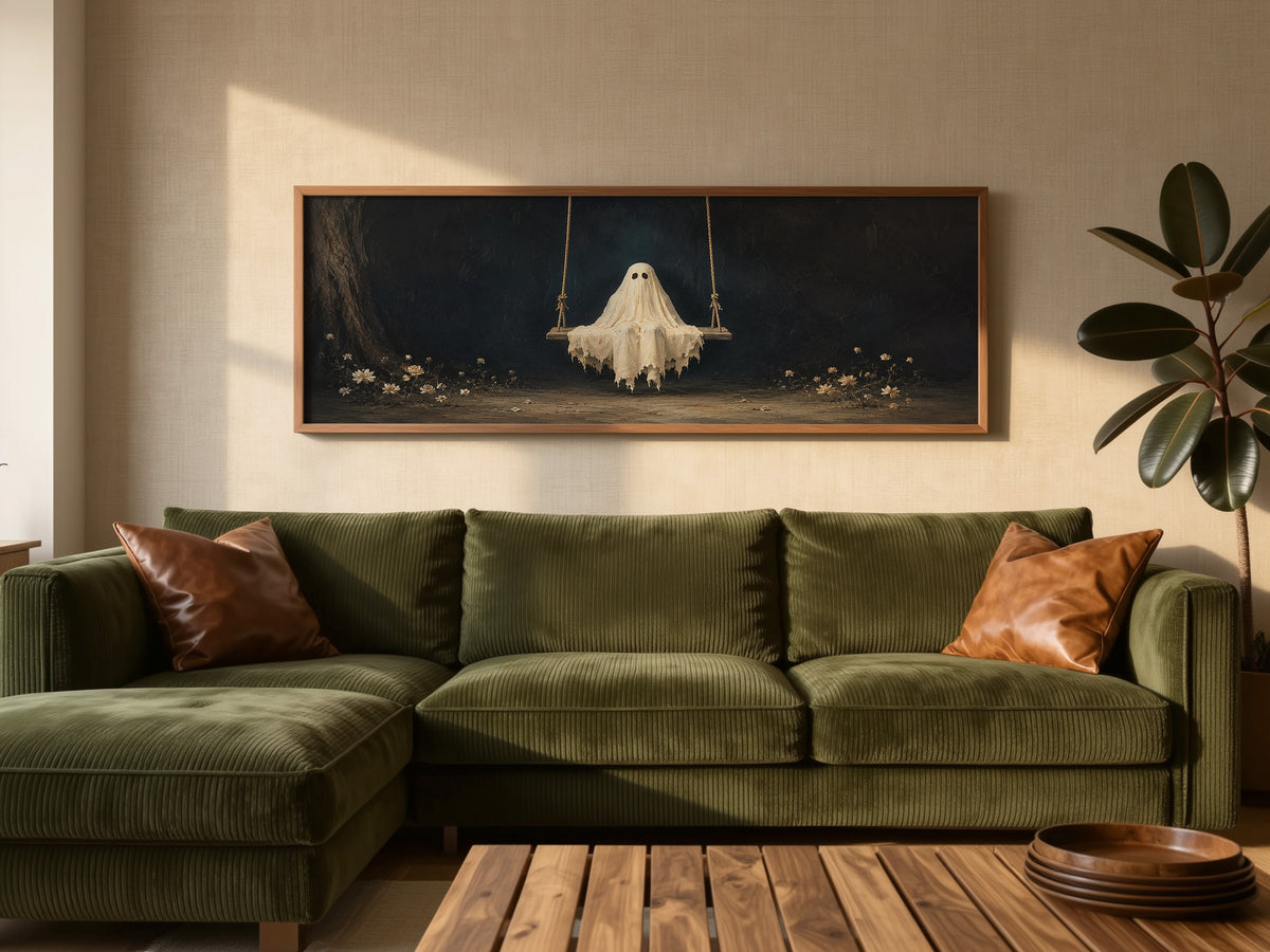 Ghost on Swing Panoramic Canvas Print, Cute Vintage Spooky Floral Wall Art