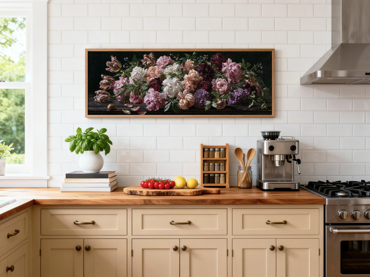 Dark Floral Panoramic Canvas Print, Peony & Tulip Botanical Wall Art, Extra Large Horizontal Decor
