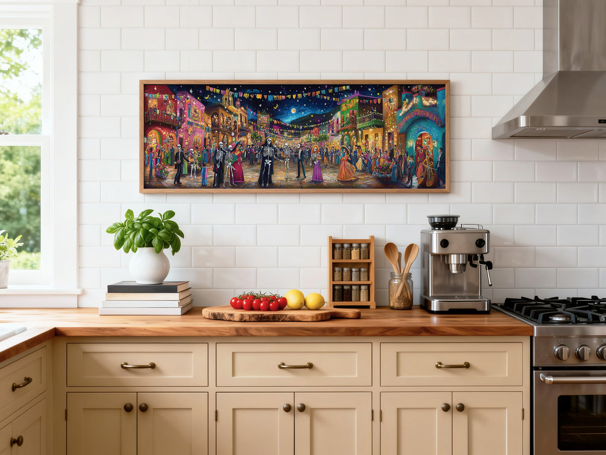 Day of the Dead Night Festival Panoramic Canvas Print, Dia de los Muertos Village Street Party Wall Art