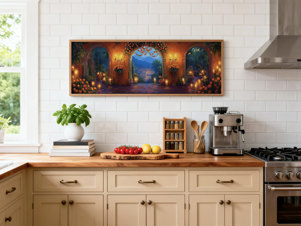 Mexican Courtyard Twilight Panoramic Canvas Print, Marigold Archway Sunset Landscape Wall Art