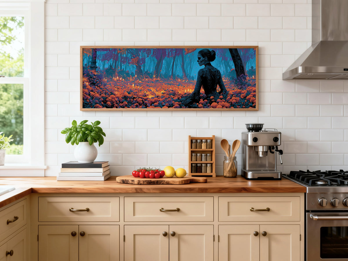 Sugar Skull Woman Marigold Forest Panoramic Canvas Print, Day of the Dead Blue Orange Wall Art, Macabre Room Decor