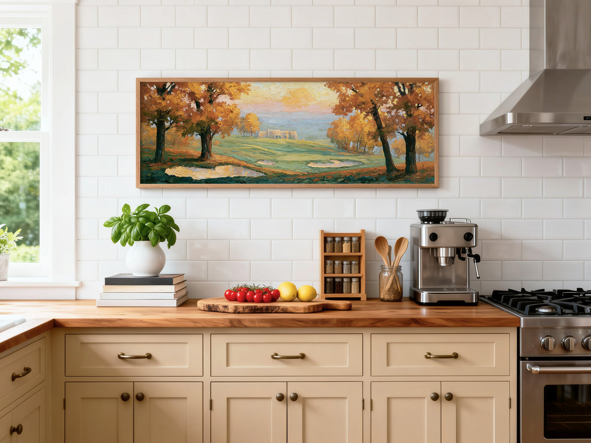 Golden Autumn Golf Landscape Panoramic Canvas Print, Impasto Fall Landscape Painting Wall Art,